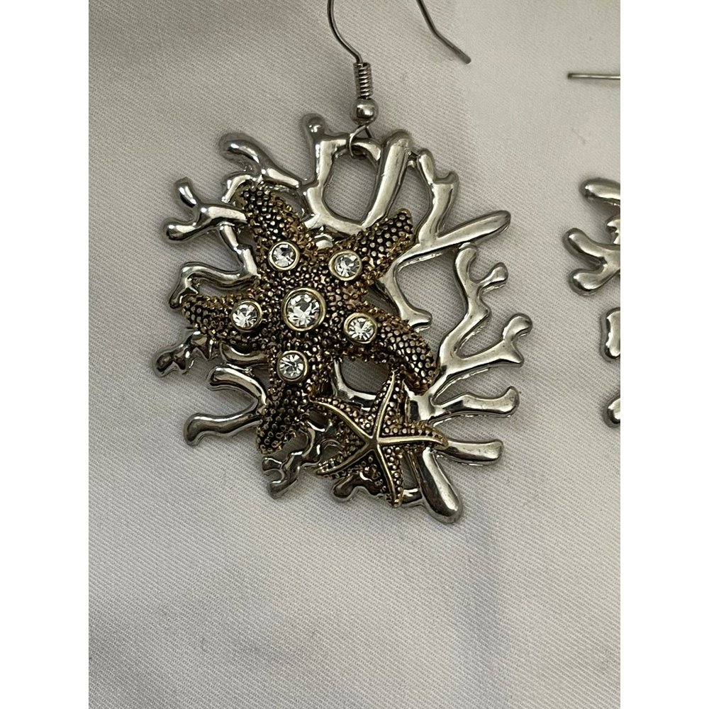 Vintage Silver Tone Coral Starfish Rhinestone Dangle Pierced Earrings - Picture 6 of 7